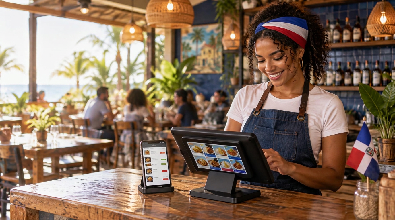 Mujer dominicana usando una tablet POS en su negocio