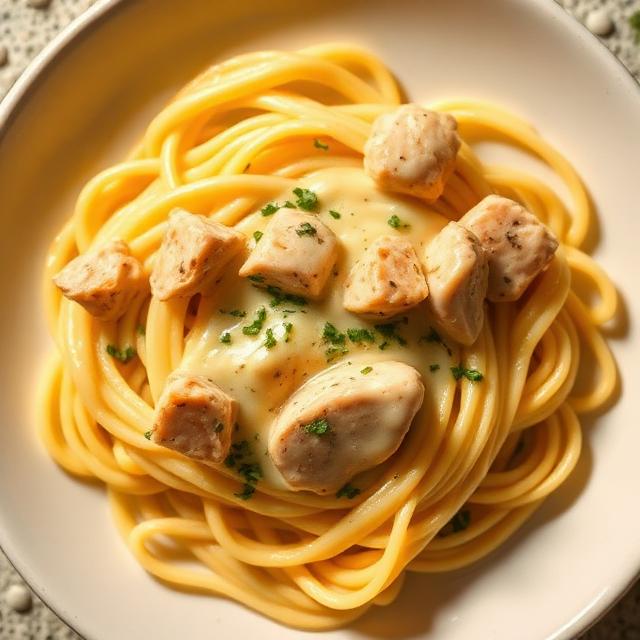 Pasta de pollo con salsa de queso