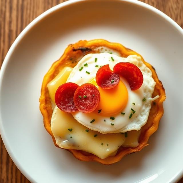 Tostones con salami, huevo y queso